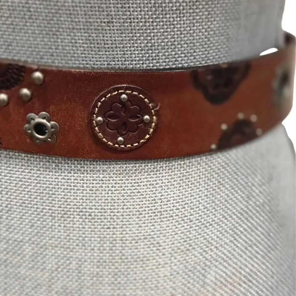 Boho Genuine Leather Embossed Medallion Belt | Brown Western Festival | Medium